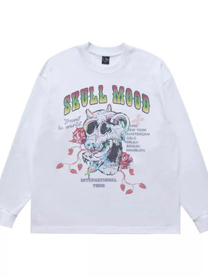 White long sleeve t-shirt with skull and rose graphic print and "Skull Mood International Tour" text