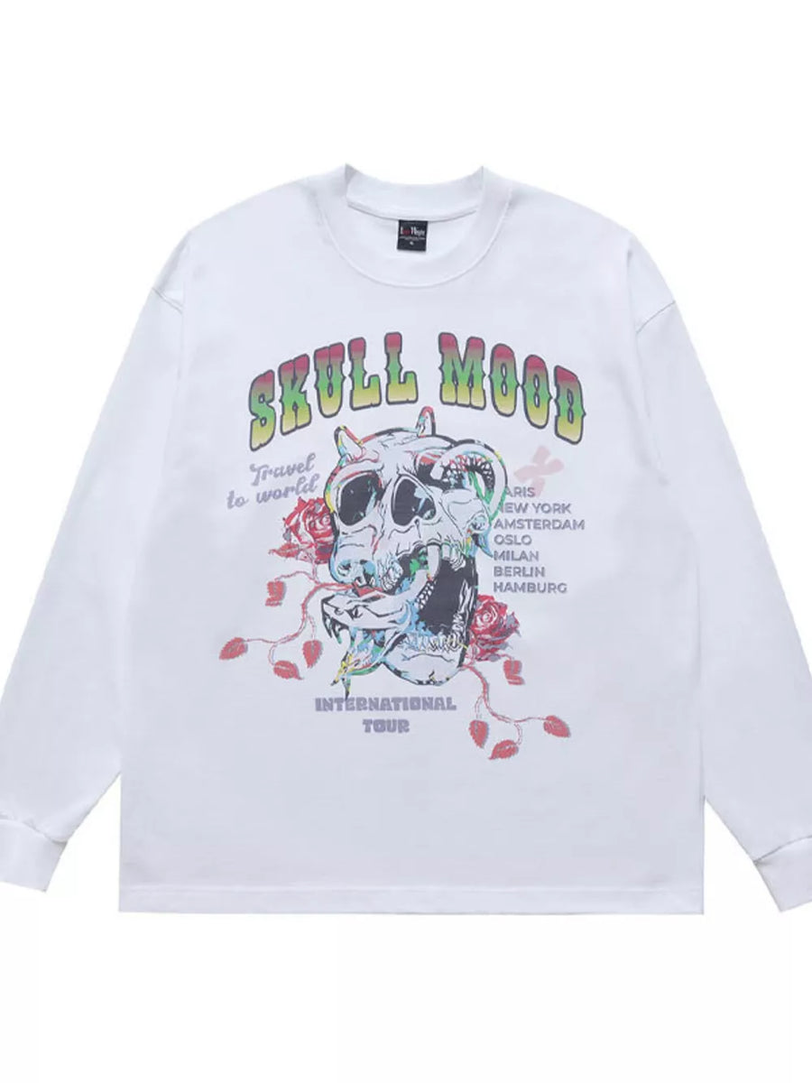 White long sleeve t-shirt with skull and rose graphic print and "Skull Mood International Tour" text