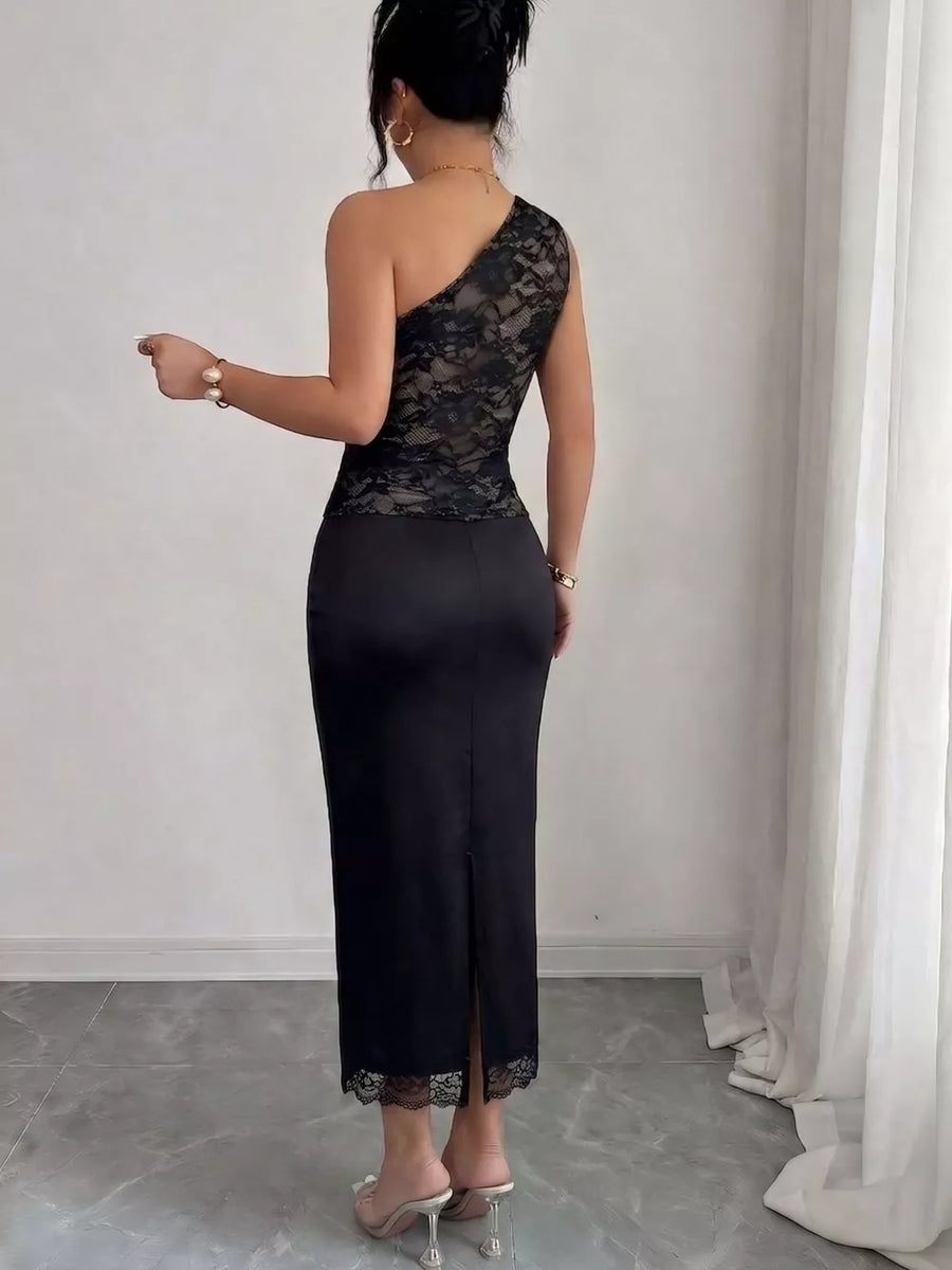 Black with One-shoulder Lace Trimmed Midi Dress in Black