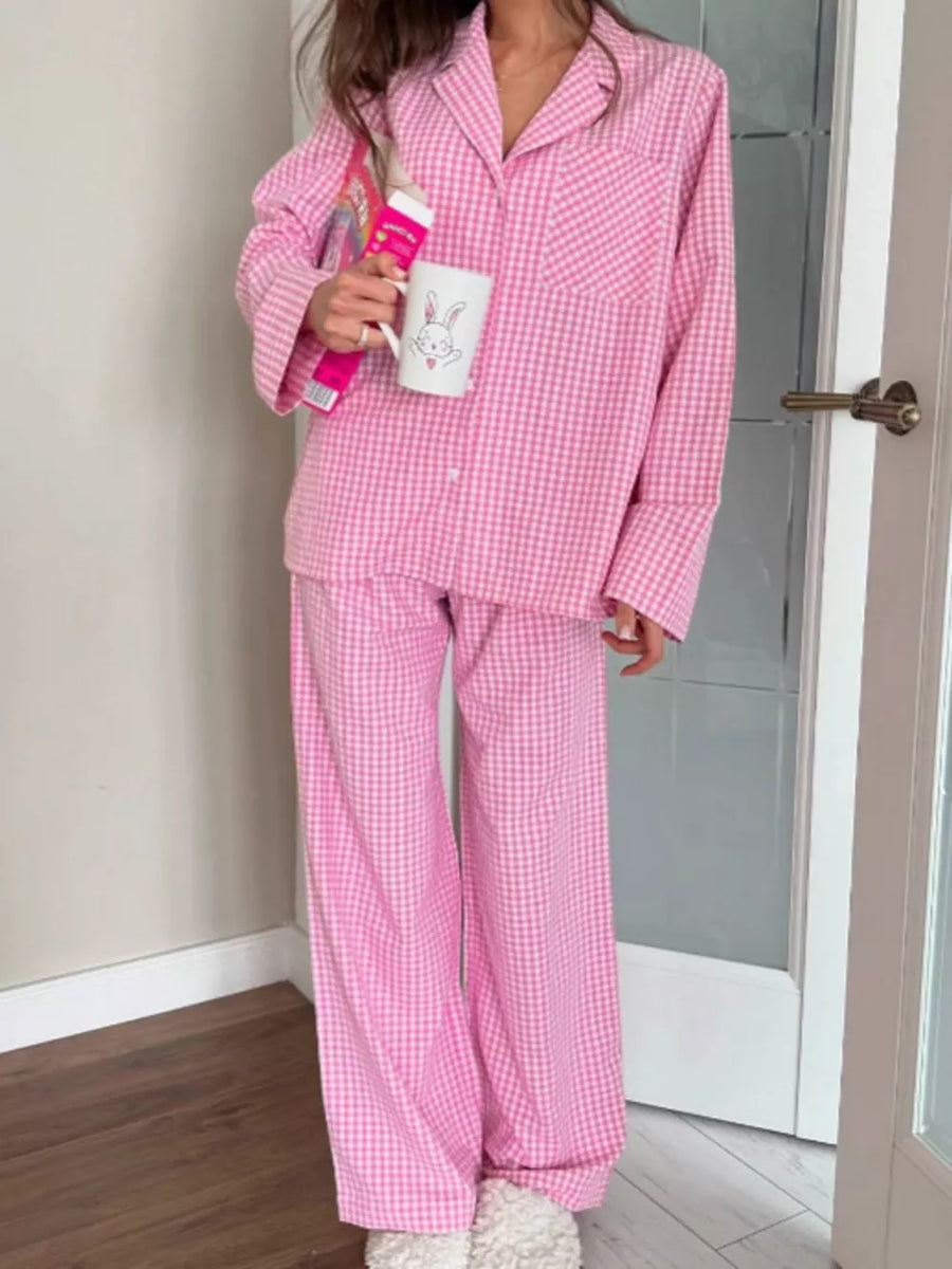 70% cotton, 30% polyester Care instructions: Machine wash cold pajama set in Fuchsia Pink with relaxed silhouette