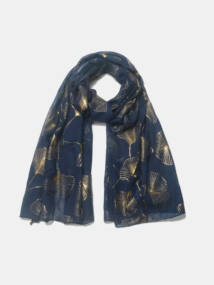 Dark Navy scarf with gold ginkgo leaf print