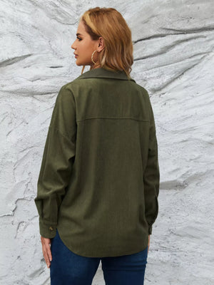 Olive green corduroy button-up overshirt with long sleeves and a relaxed fit.