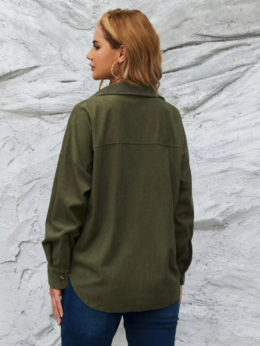 Olive green corduroy button-up overshirt with long sleeves and a relaxed fit.