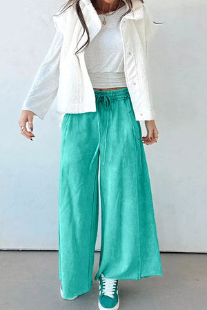 Turquoise wide-leg pants with full-length and drawstring