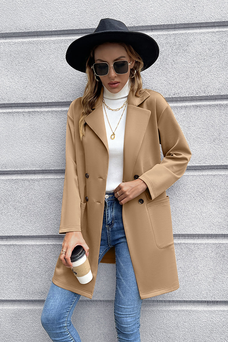 Camel double-breasted soft-drape blazer coat with notched lapels and two front pockets.