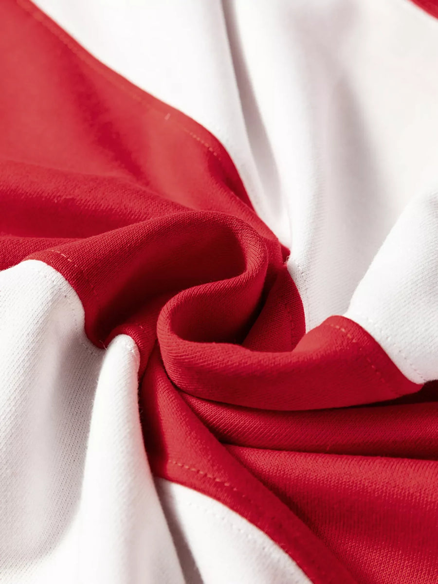 Drop shoulder sweatshirt in scarlet and white colorblock, made of soft cotton blend fabric.