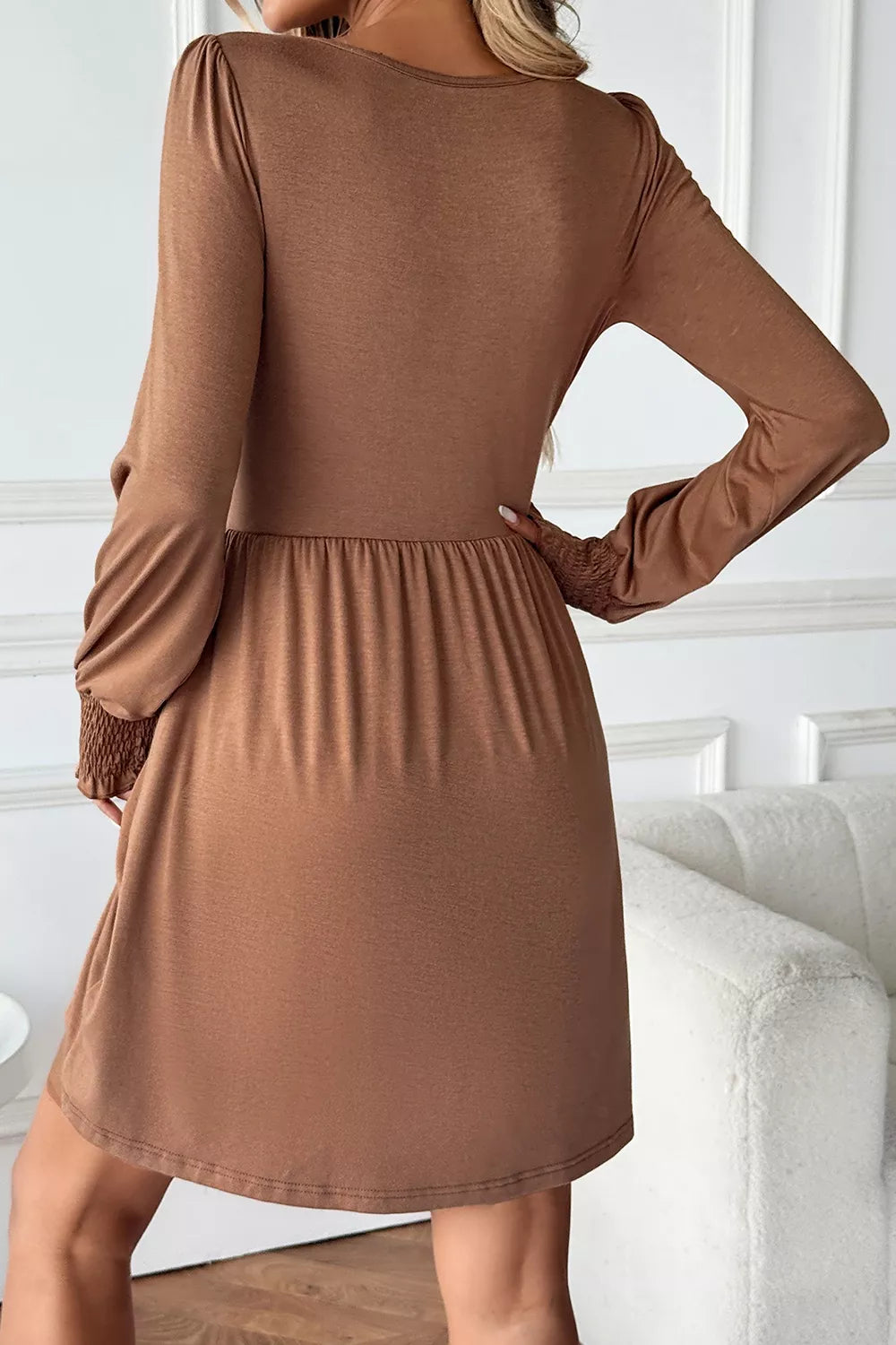 65% polyester, 30% viscose, 5% elastane Care instructions: Machine wash cold mini dress in Camel with fit-and-flare
