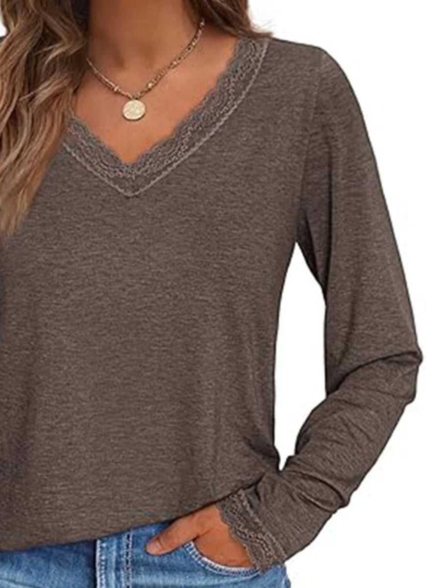 Brown long sleeve t-shirt with V-neck and lace trim detail at neckline and cuffs.