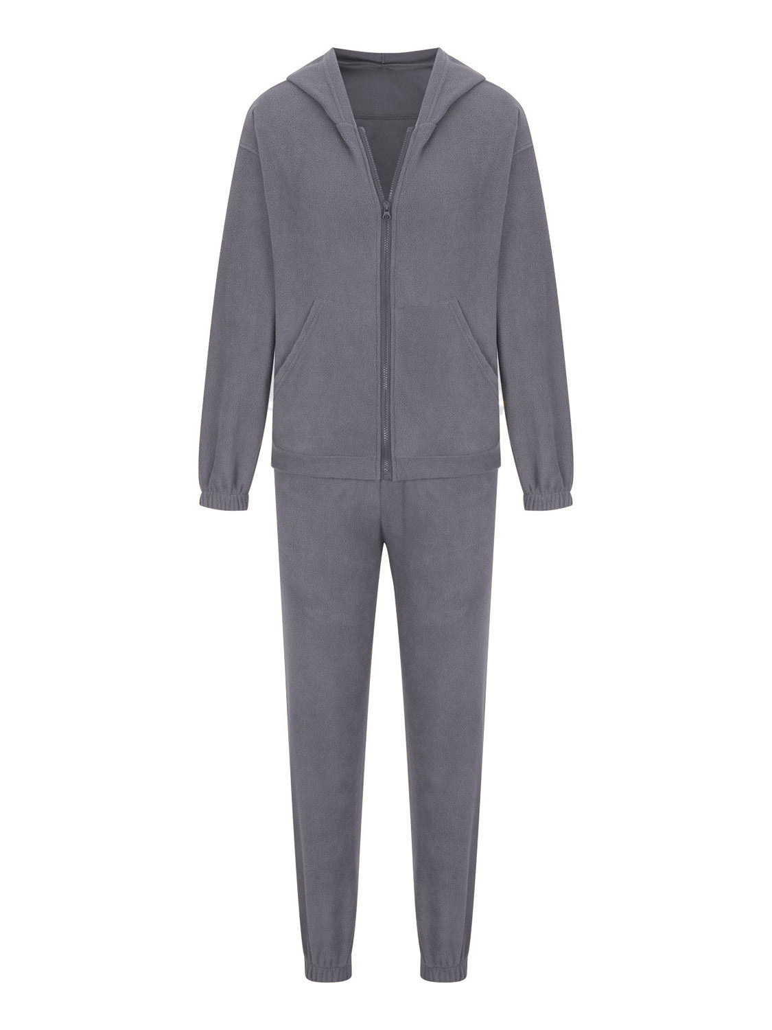 Dark Gray fleece hoodie with zipper and pockets, paired with matching jogger pants.