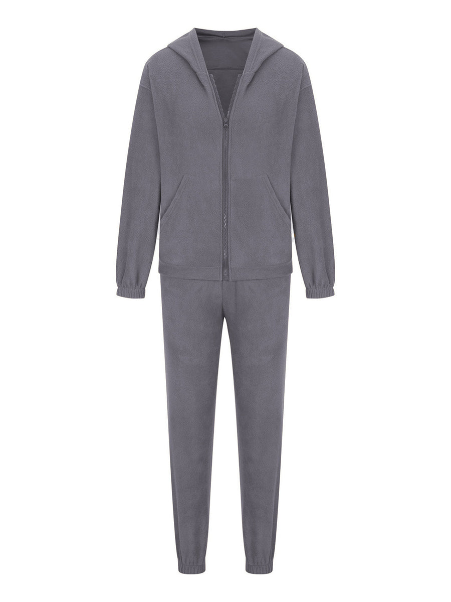 Dark Gray fleece hoodie with zipper and pockets, paired with matching jogger pants.