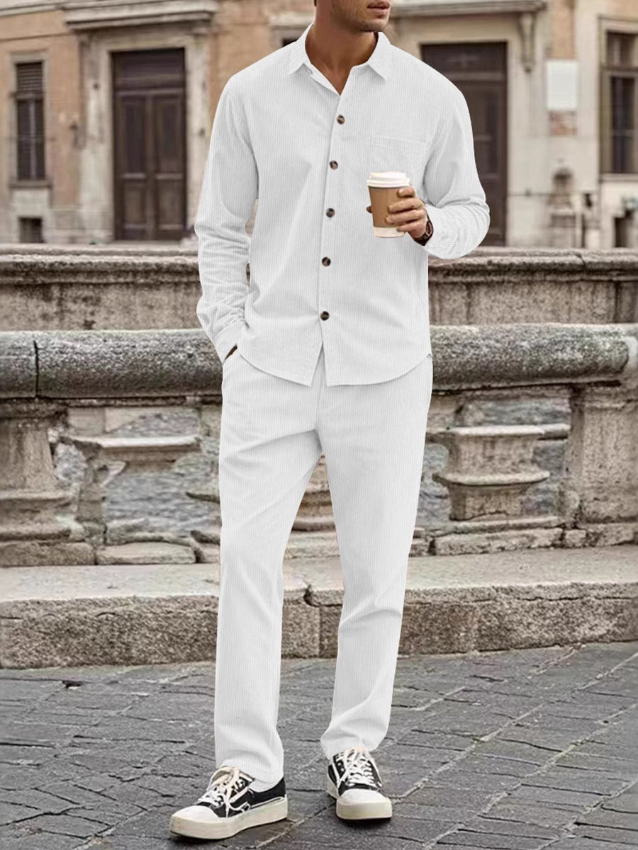 Men's Full Size Button Up Long Sleeve Shirt And Pants Set in Black