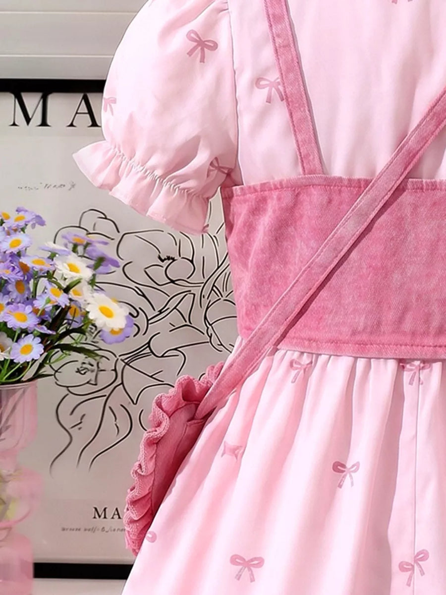 Pink with Children's Bow Print Puff Sleeve Dress Set in Pink