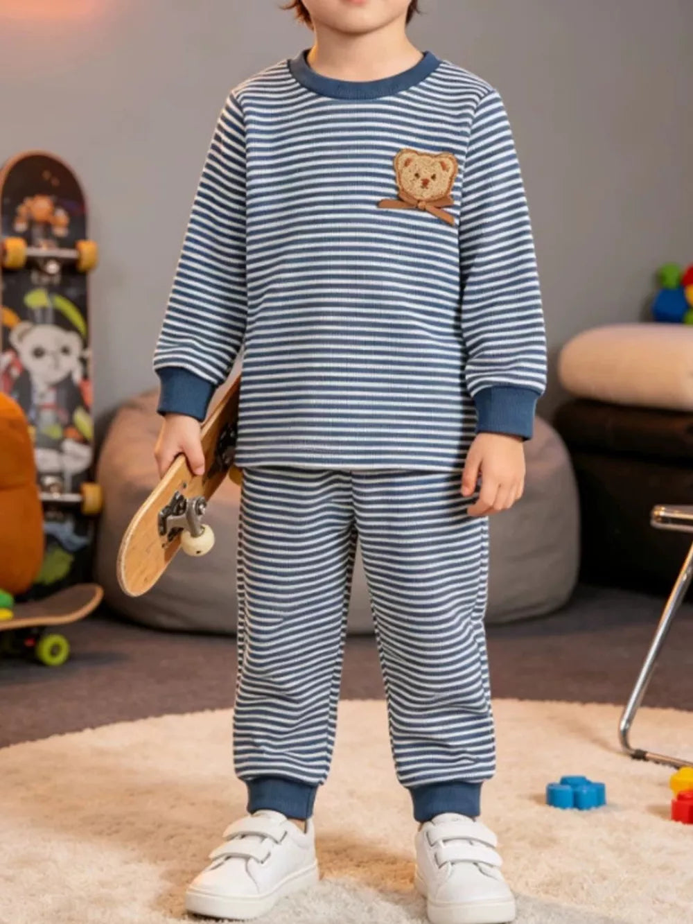 Navy Children's Bear Striped Top And Pants Set