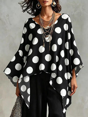 Light Blue with Polka Dot Asymmetrical Hem Blouse