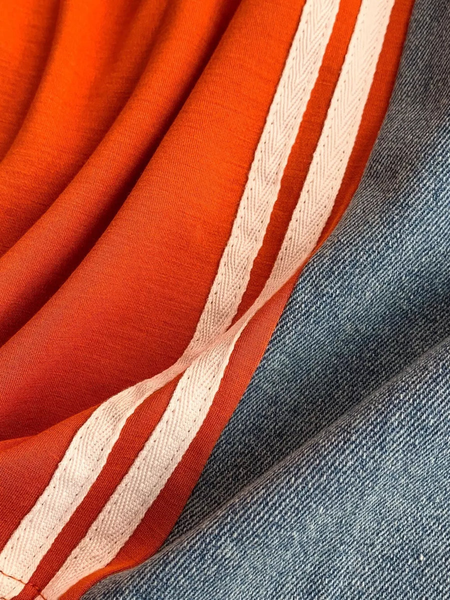 Orange red casual dress with white stripes and denim detail