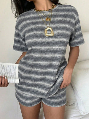 Purple lounge set featuring ribbed and striped