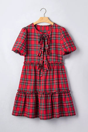 Burgundy with Plaid Knot Neck Short Sleeve Mini Dress in Burgundy