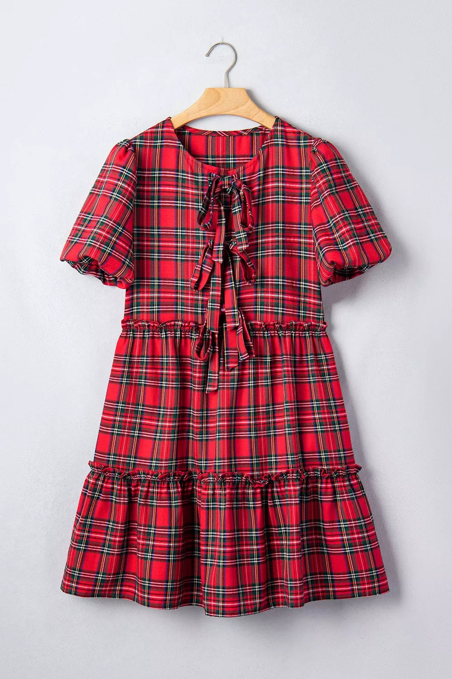 Burgundy with Plaid Knot Neck Short Sleeve Mini Dress in Burgundy