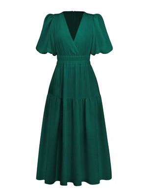 Elegant Puff Sleeve V-neck Midi Dress in White