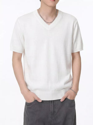 Men's white V-neck knit t-shirt with short sleeves and ribbed trim.