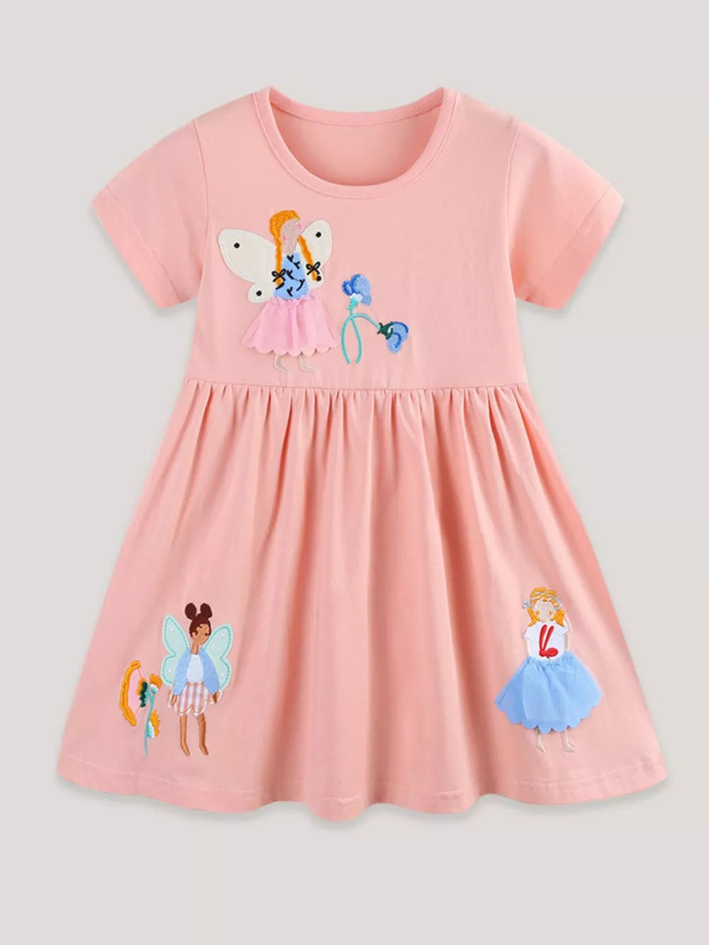 Pink cotton toddler dress with fairy appliqués and embroidered details.