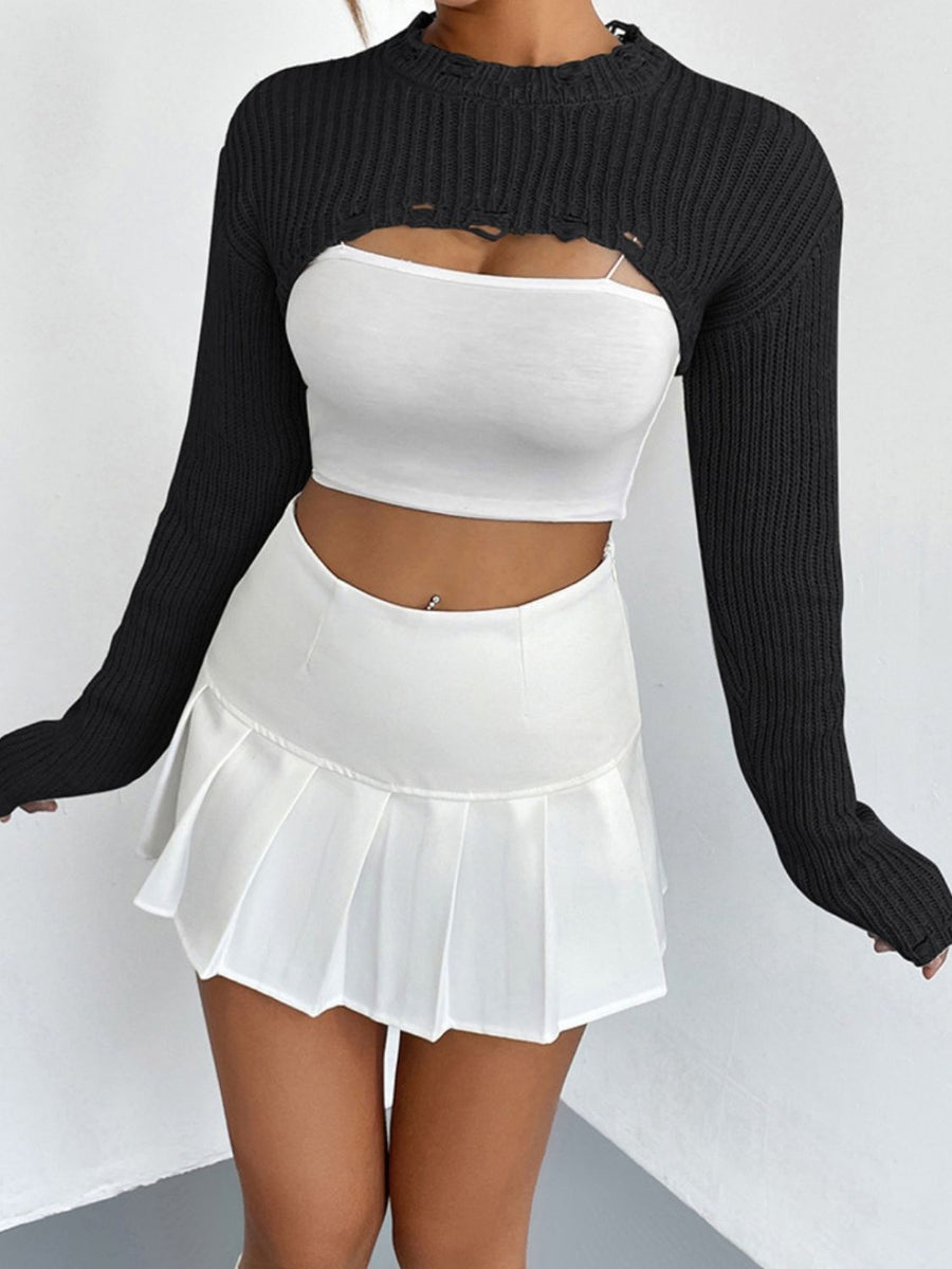 Black distressed knit bolero crop top with long sleeves and cut-out detail.