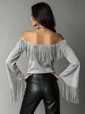 bohemian off-shoulder top in Gray with off-shoulder