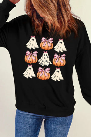 Black crewneck sweatshirt with a grid of cute Halloween ghosts and pumpkins with pink bows graphic.