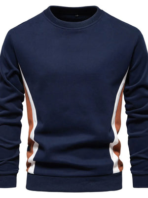 Navy crew neck sweatshirt with white and terracotta side panel details