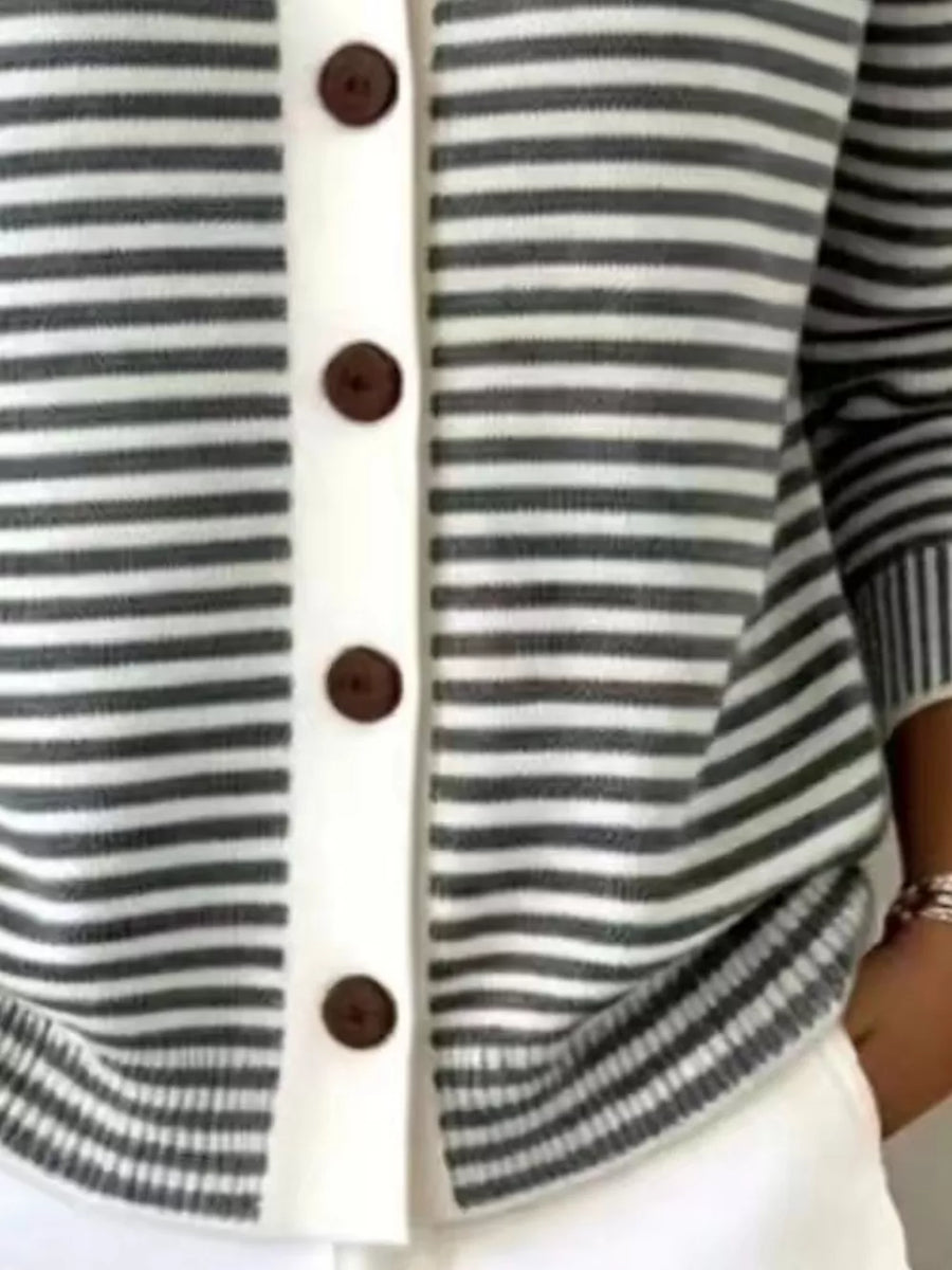 Full Size Striped Button-down Knit Cardigan Plus Size in Green Stripe