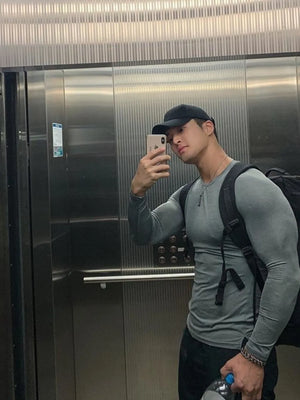 Sculpted Fit Performance Long Sleeve Tee in Dark Gray, crew neck, long sleeves, fitted.