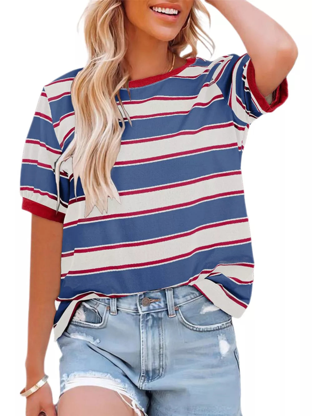 Classic striped crew neck tee in blue, white, and red with red trim.
