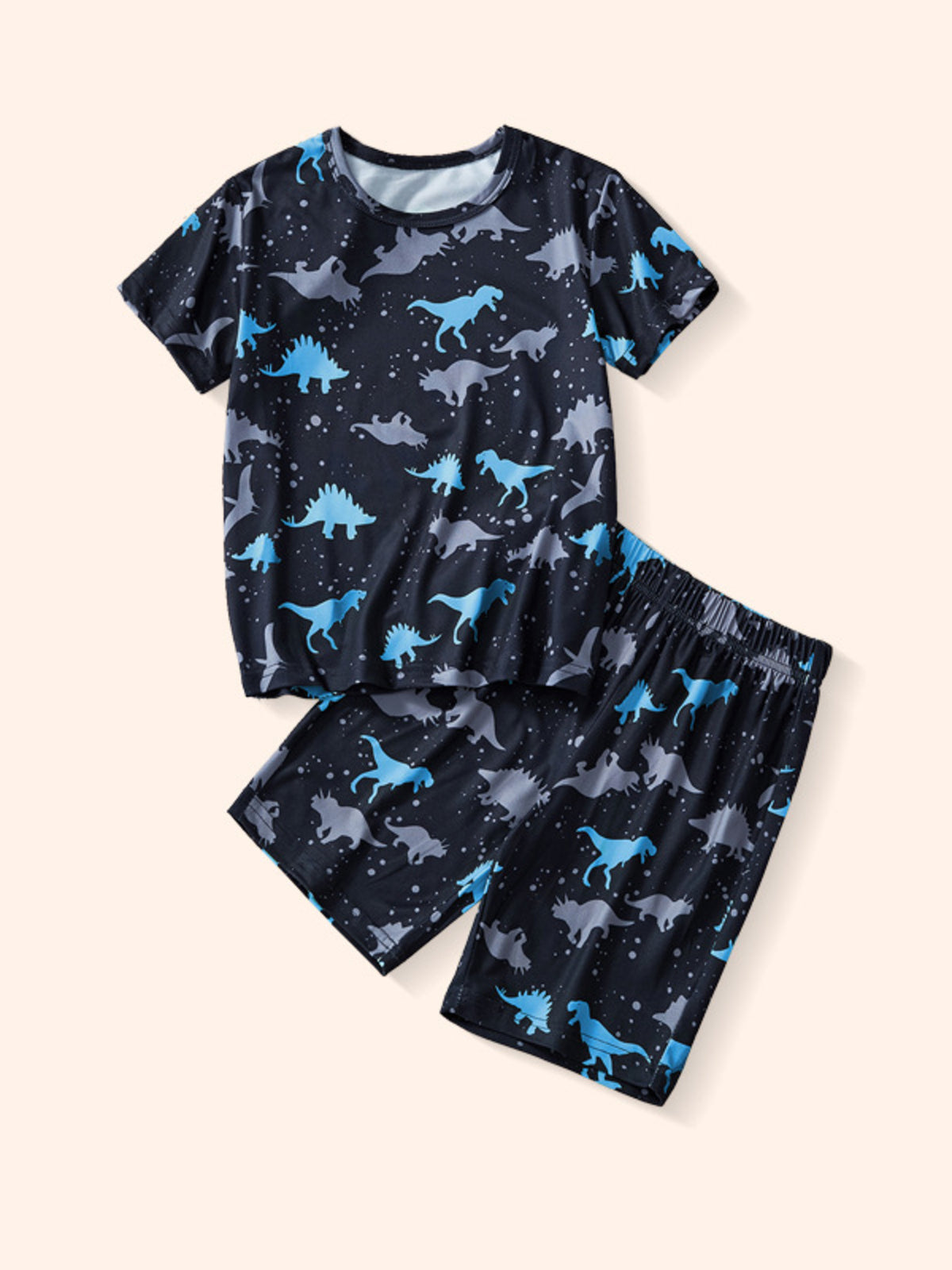 Dinosaur silhouette toddler two-piece set with short sleeves and shorts in black with blue and gray dinosaurs.