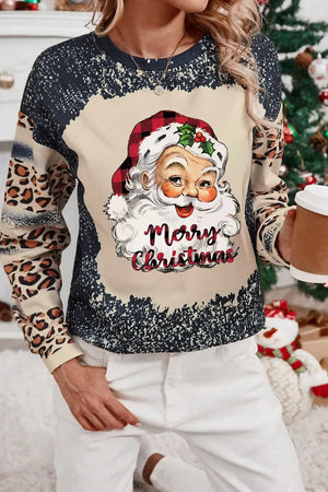 Black leopard print Santa graphic sweatshirt with Merry Christmas text.