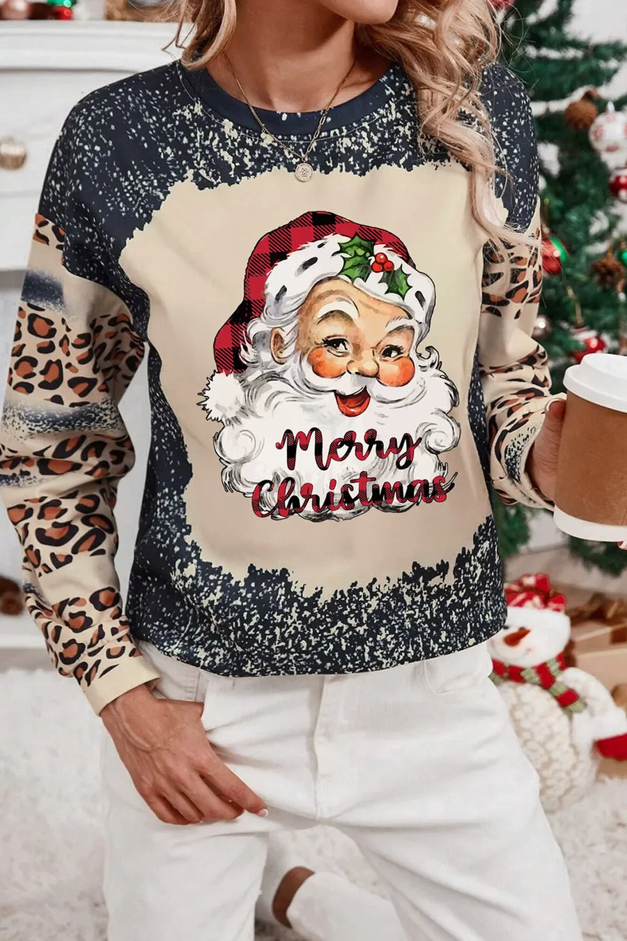 Black leopard print Santa graphic sweatshirt with Merry Christmas text.