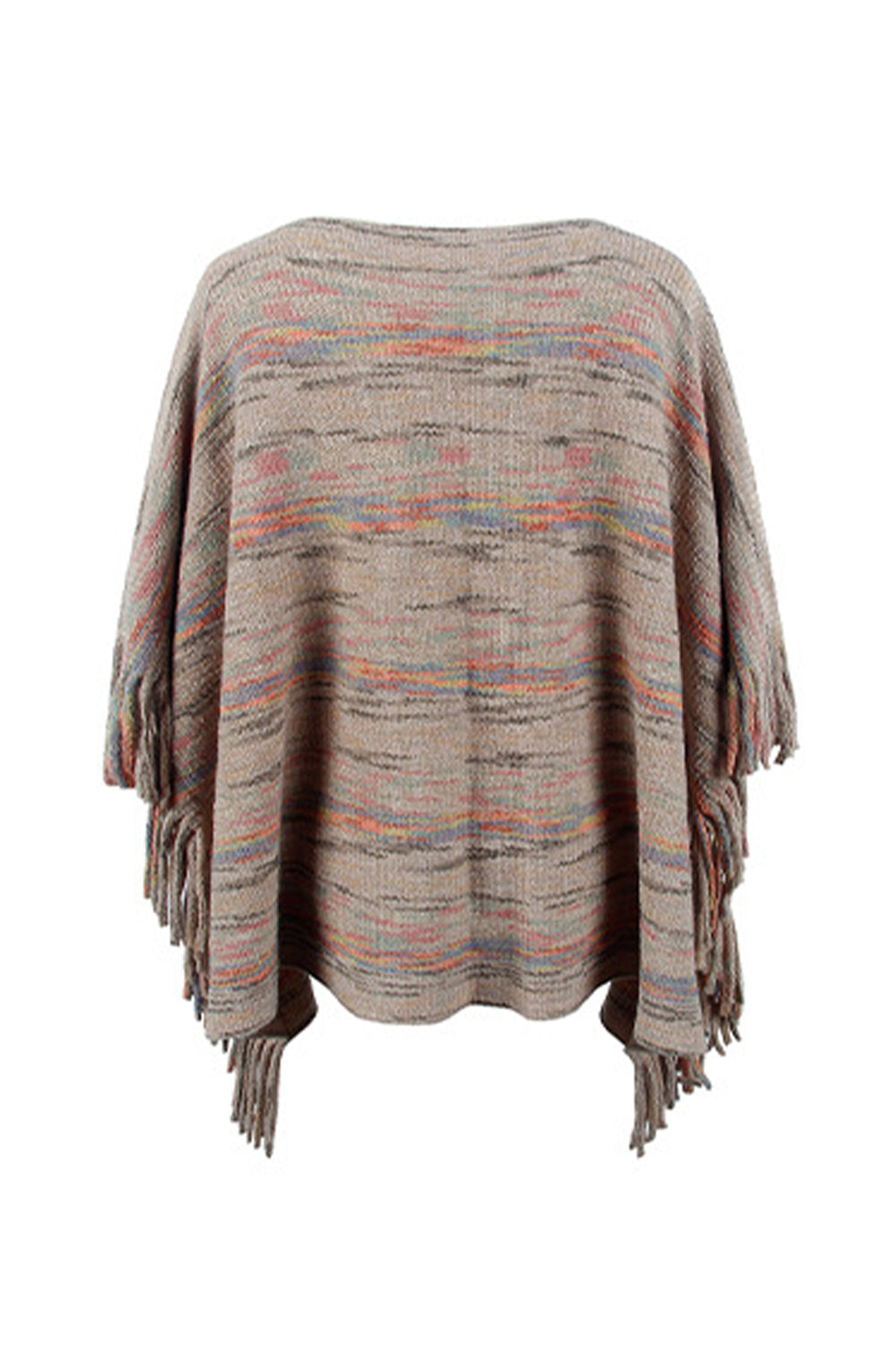 Multicolor knit poncho with fringe details and a striped pattern.