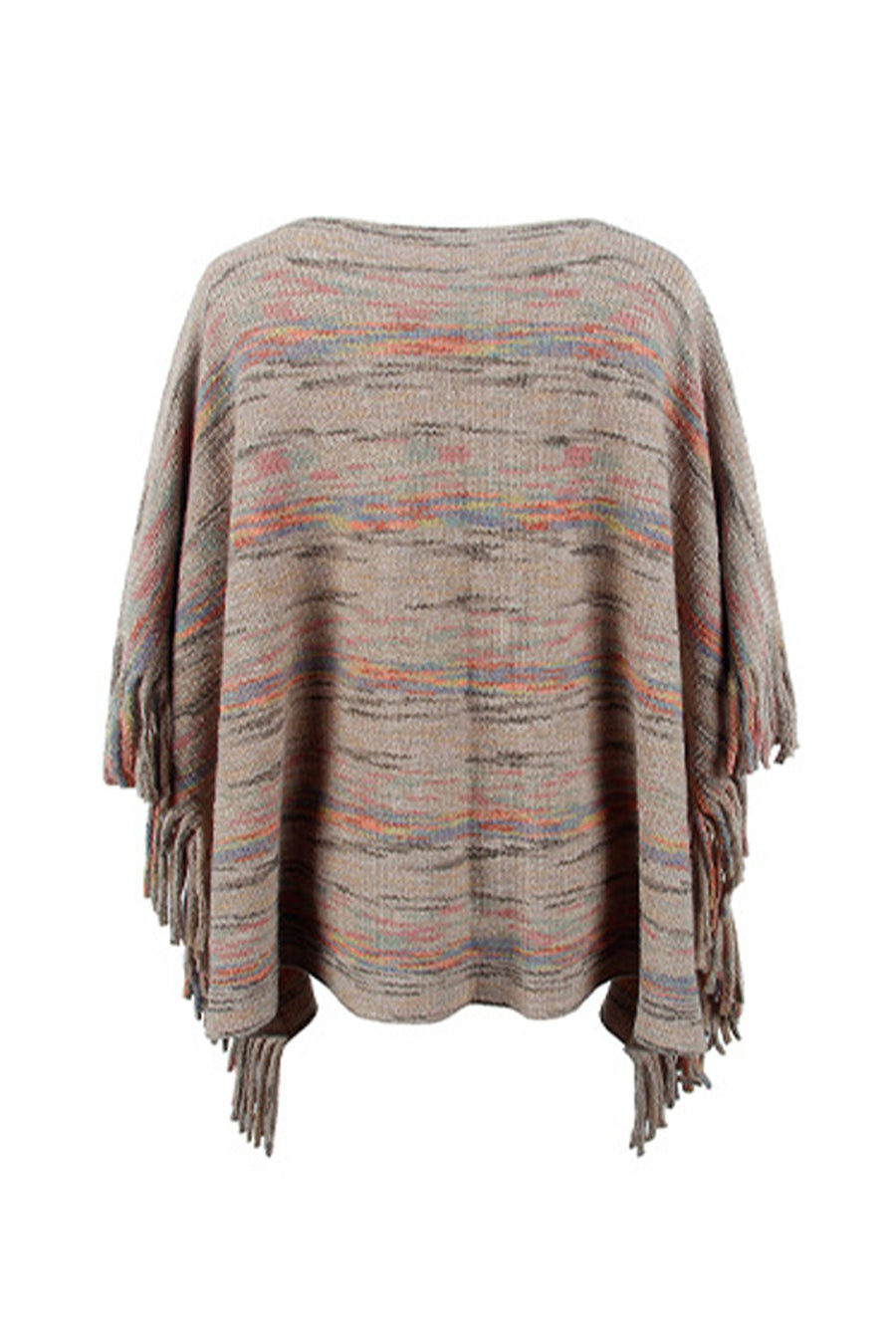 Multicolor knit poncho with fringe details and a striped pattern.