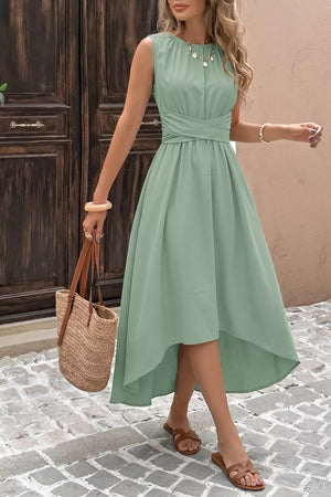 Sage green sleeveless high-low a-line dress with ruched waist detail