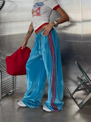 Red wide-leg pants with drawstring and striped