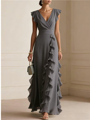 romantic maxi dress in Graphite with deep v-neck
