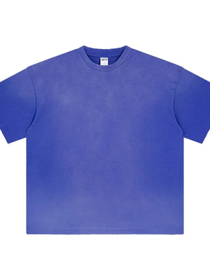 Oversized washed cotton crewneck tee in plum purple with distressed neckline.