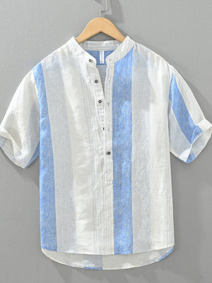 Color block casual short sleeve shirt with vertical blue and white stripes, cotton blend, mandarin collar.