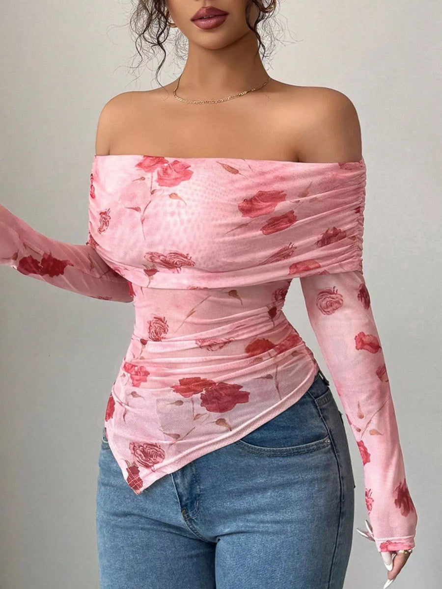 Pink floral mesh off-shoulder ruched top with asymmetrical hem.