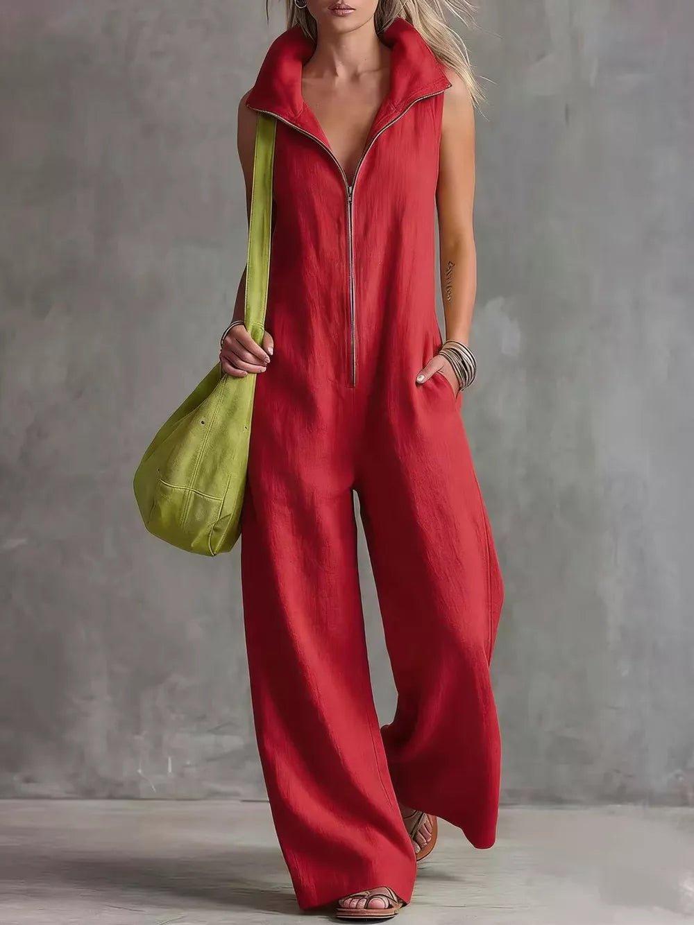 jumpsuit in red featuring pocketed and relaxed fit