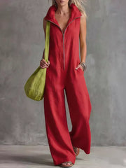 jumpsuit in red featuring pocketed and relaxed fit