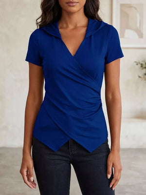 Blue ruched hooded maternity t-shirt with short sleeves and a wrap-style front.