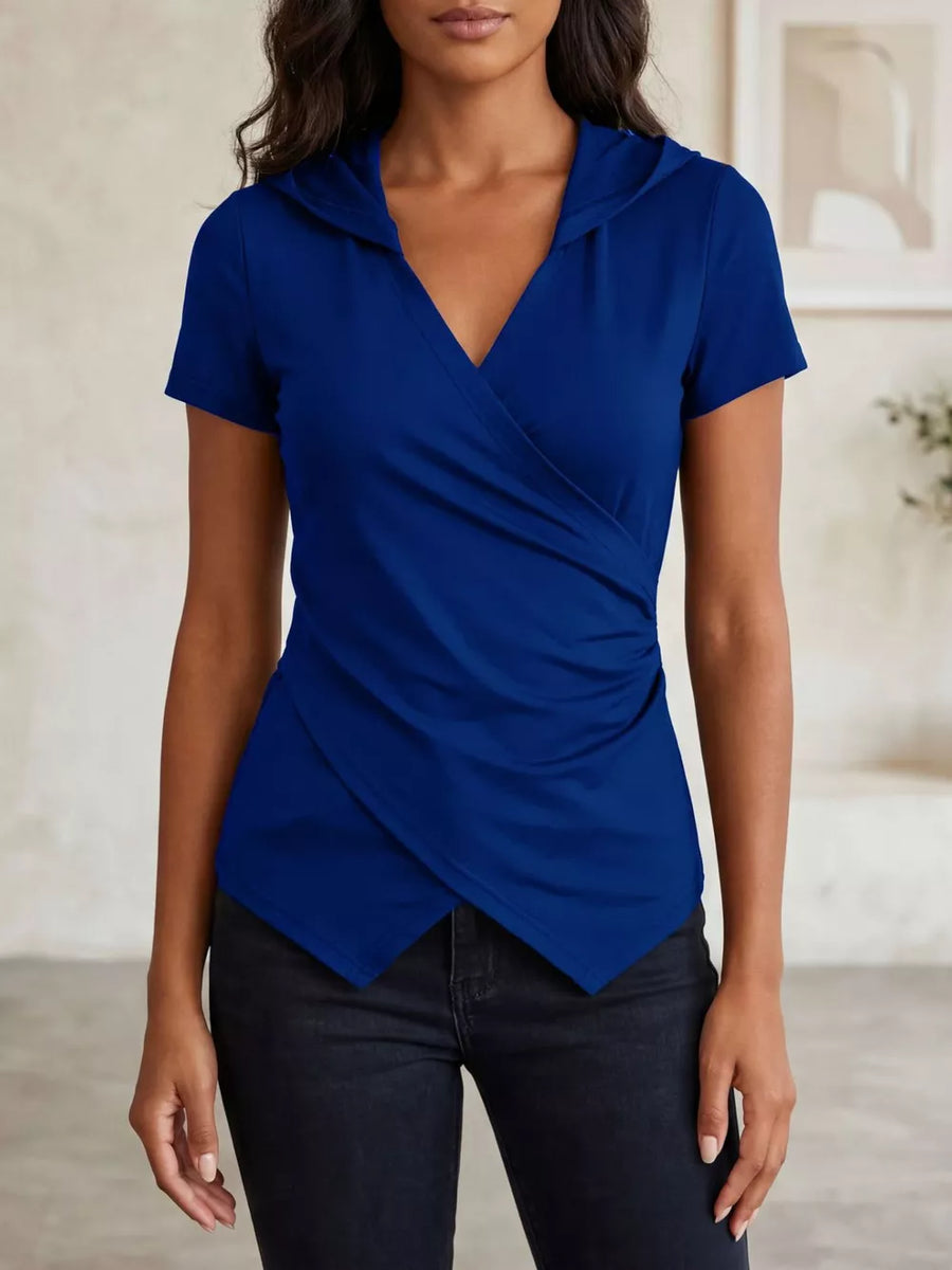 Blue ruched hooded maternity t-shirt with short sleeves and a wrap-style front.