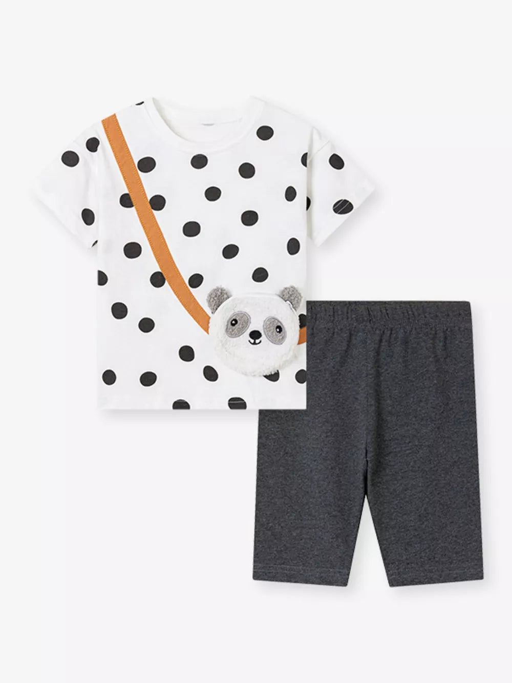 Baby girls' white polka dot t-shirt with plush panda and grey biker shorts set.