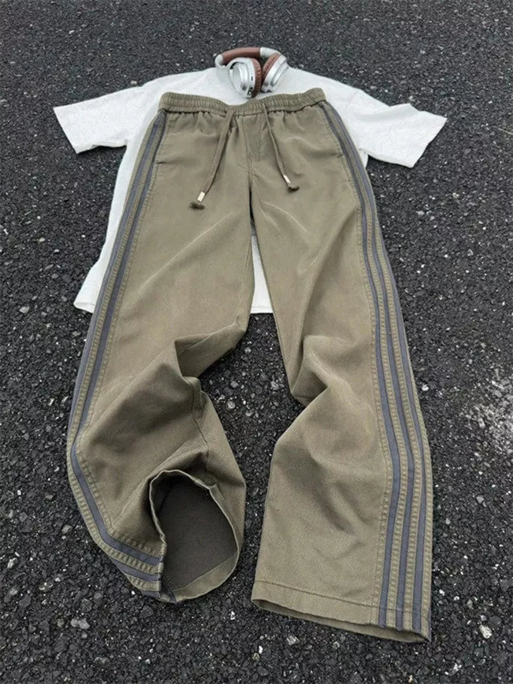 Black Men's Plus Size Casual Striped Wide-leg Pants