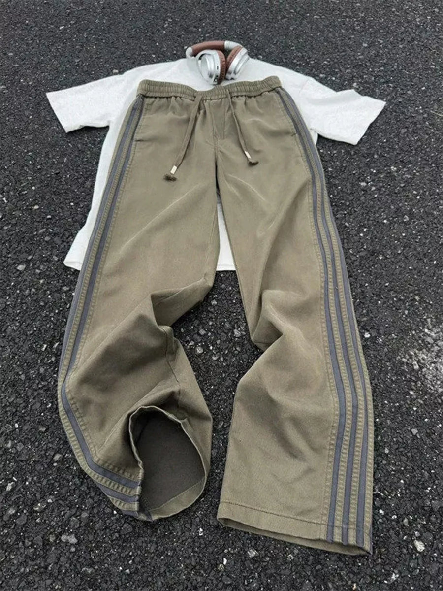 Black Men's Plus Size Casual Striped Wide-leg Pants